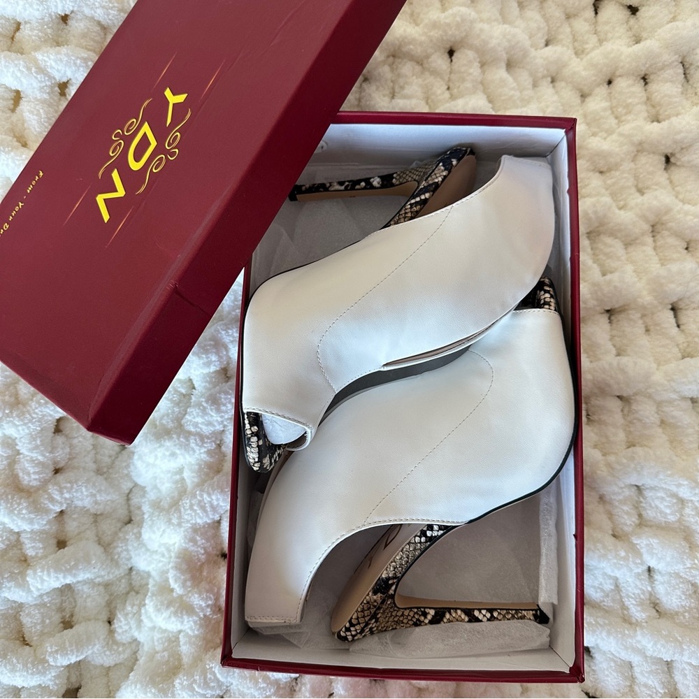 NIB - YDN Peep Toe Ankle Booties - Snakeskin Heel + White Faux Leather